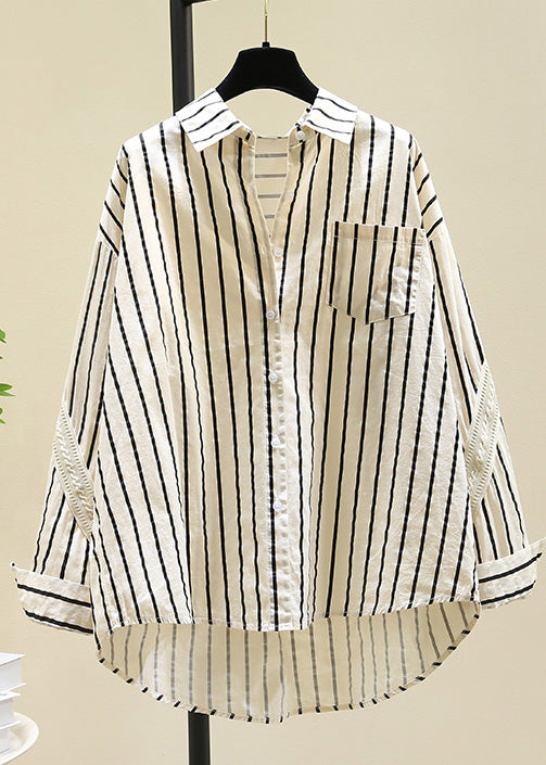 Black Peter Pan Collar Striped Cotton Blouse Top Fall