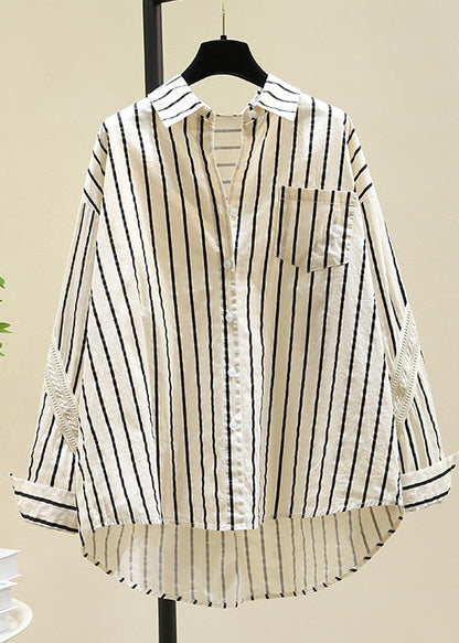 Black Peter Pan Collar Striped Cotton Blouse Top Fall