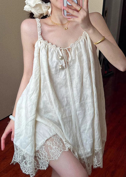 Beige Oversized Patchwork Lace Mini Dress Summer