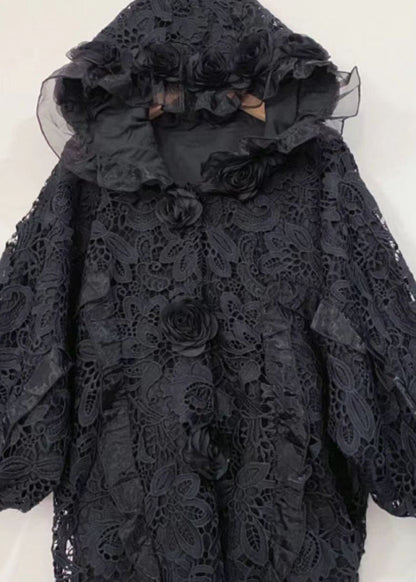 Black Embroidered Lace Hooded Coats Fall
