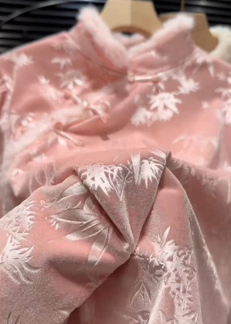 Pink Jacquard Silk Velour Shirt Top Winter