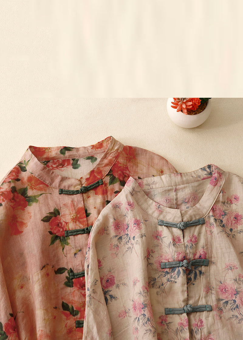 Pink Print Chinese Button Linen Shirts Spring