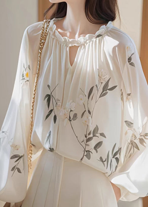 White Ruffled Print Chiffon Shirt Fall