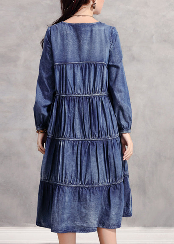 Blue V Neck Wrinkled Patchwork Denim Long Dress Long Sleeve