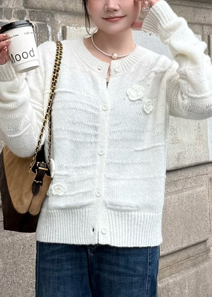 White O Neck Button Cozy Knit Coats Fall