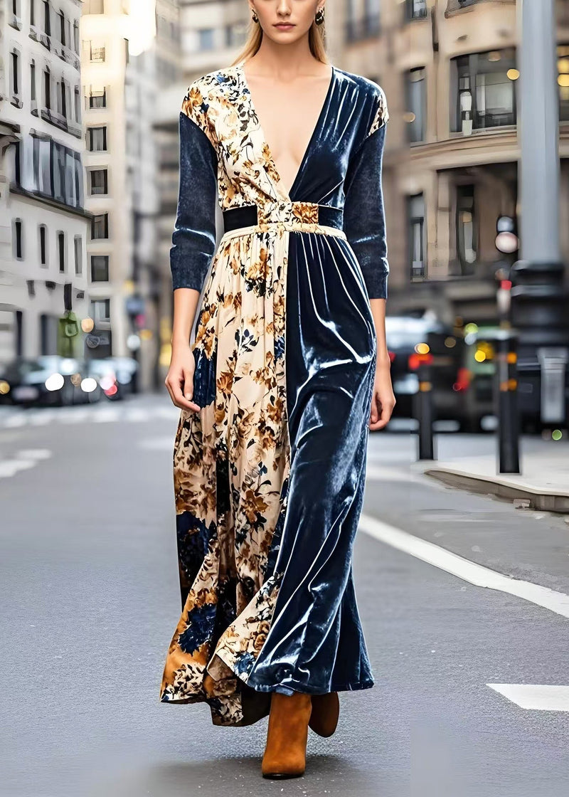 Navy V Neck Patchwork Print Silk Velvet Dresses Spring
