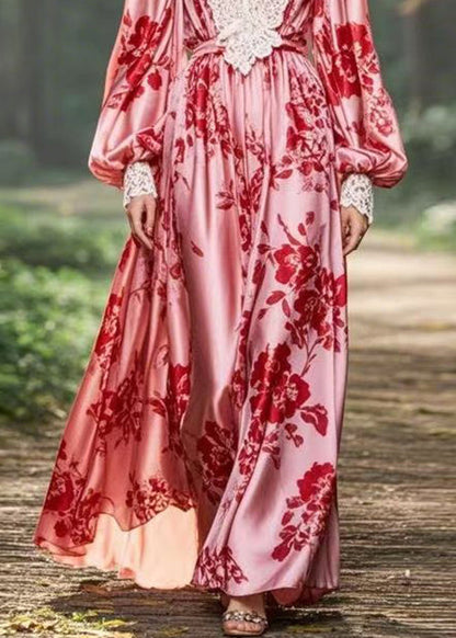 Pink V Neck Print Original Design Chiffon Long Dresses Spring