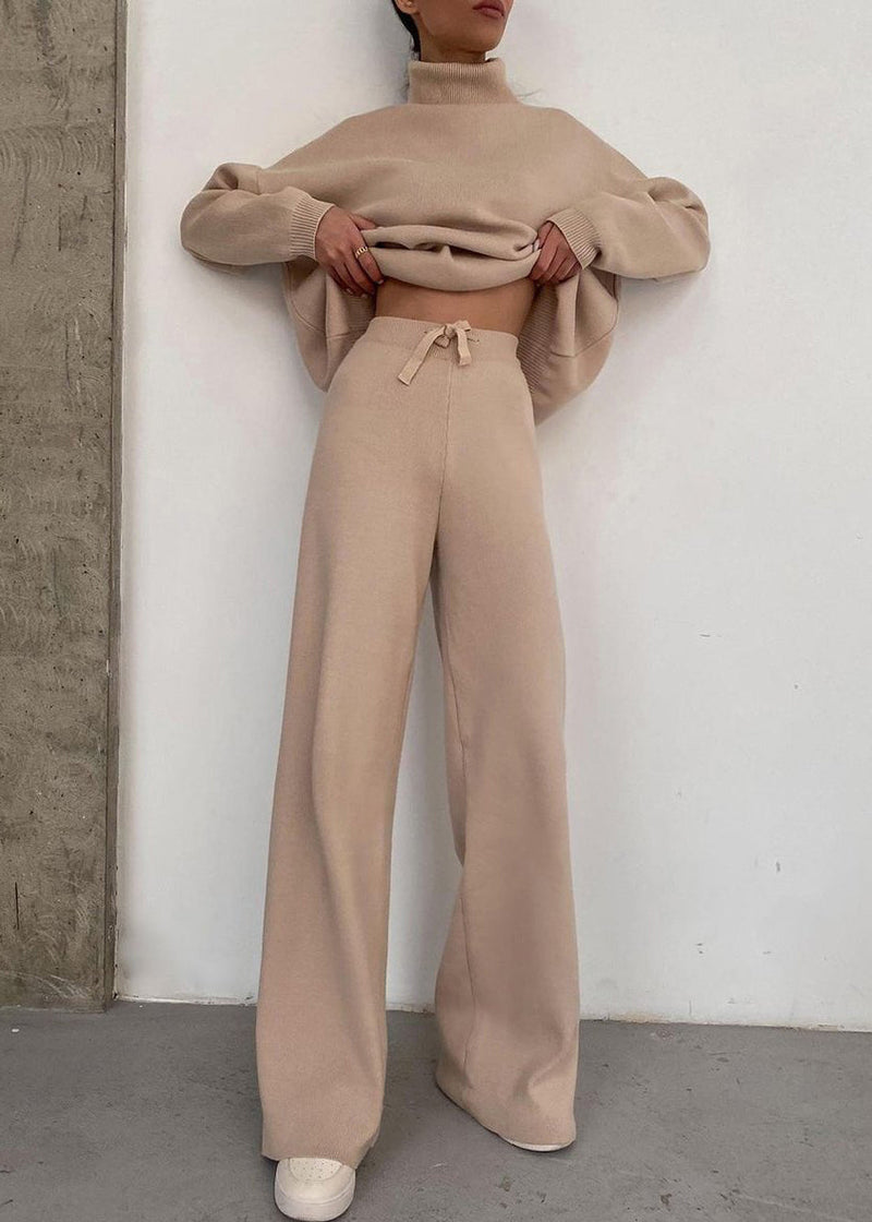 Style Khaki Hign Neck Lace Up Knit Two Pieces Set Winter