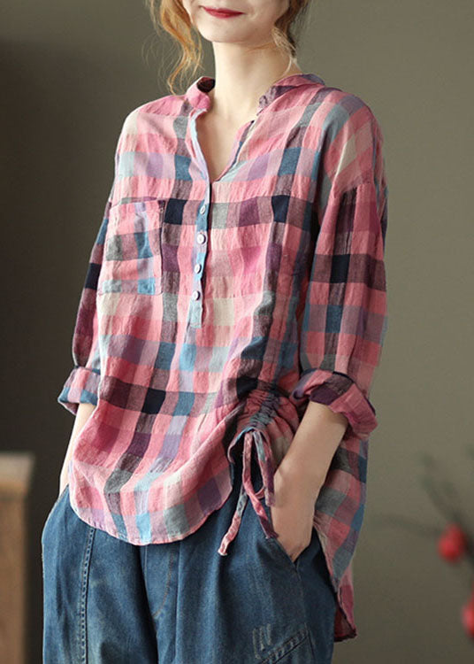 French Pink Retro Plaid Button Fall Shirts Long Sleeve