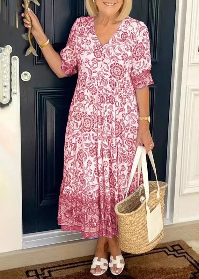 Blue V Neck Print Wrinkled Cotton Dress Summer