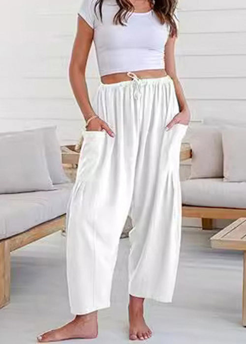 White Pockets Elastic Waist Cotton Pants Summer