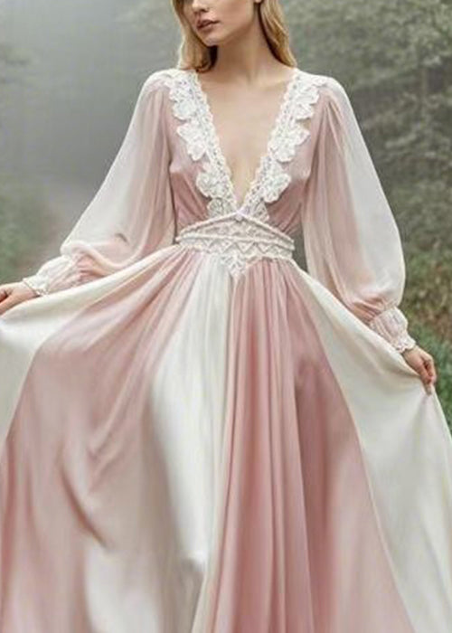 Pink V Neck High Waist Patchwork Maxi Dress Spring