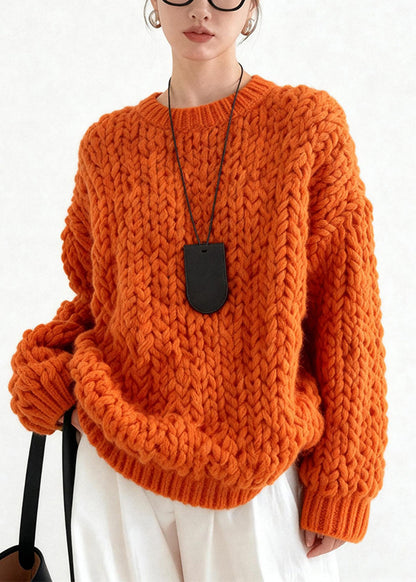 Orange Oversized Cable Knit Sweater Tops Winter