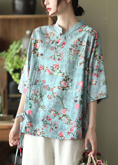 Blue Stand Collar Print Chinese Button Linen Shirt Half Sleeve