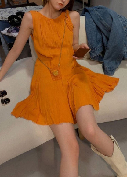 New Orange O Neck Cotton Mid Dress Sleeveless