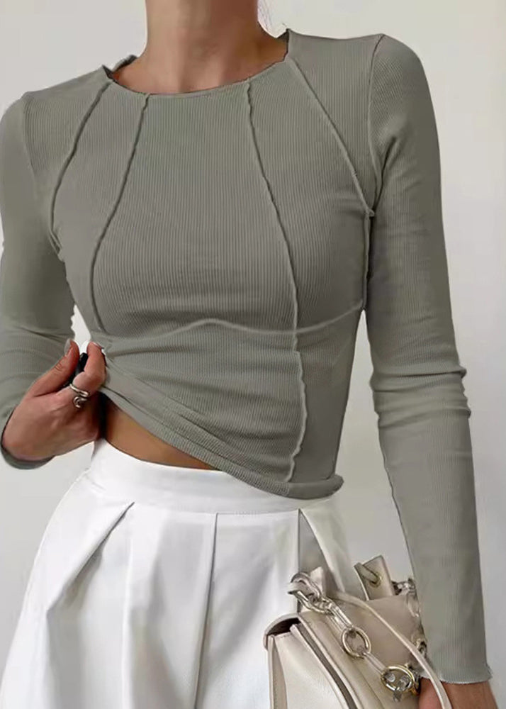 Simple Fitted White O Neck Patchwork Knit T Shirt Spring