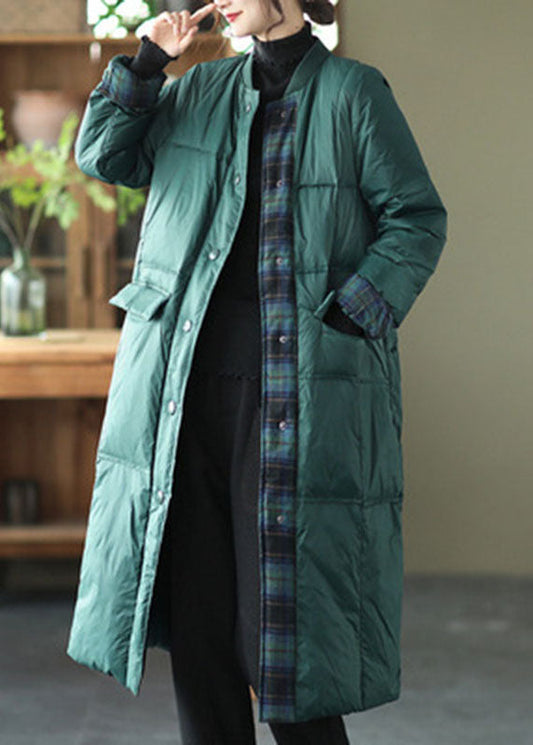 Green Stand Collar Button Pockets Patchwork Winter Down Coat