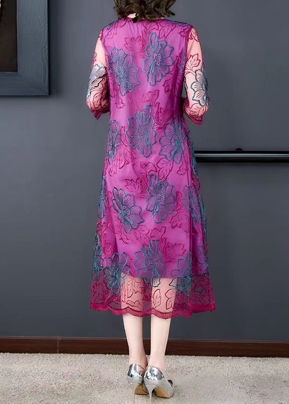Stylish Purple Embroidered Tulle Maxi Dress Summer
