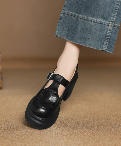 Simple Style Black Hollow Out Buckle Strap Splicing Chunky High Heels