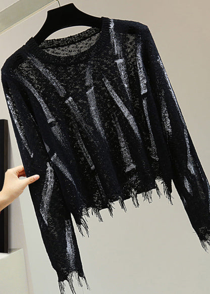 Unique Black O-neck Striped Hole Cotton Knit Sweaters Spring