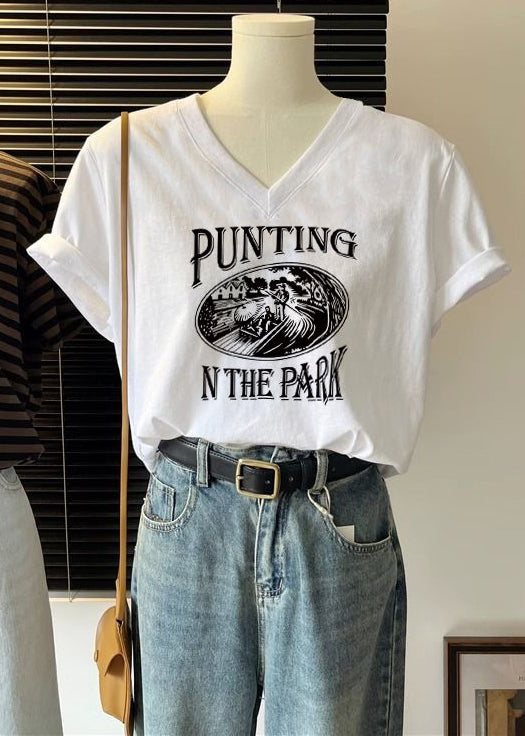 Loose Bow V Neck Print Cotton T Shirts Summer