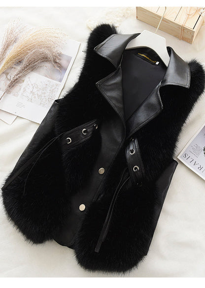 Faux Fox Fur Patchwork Faux Leather Vest Tops Winter
