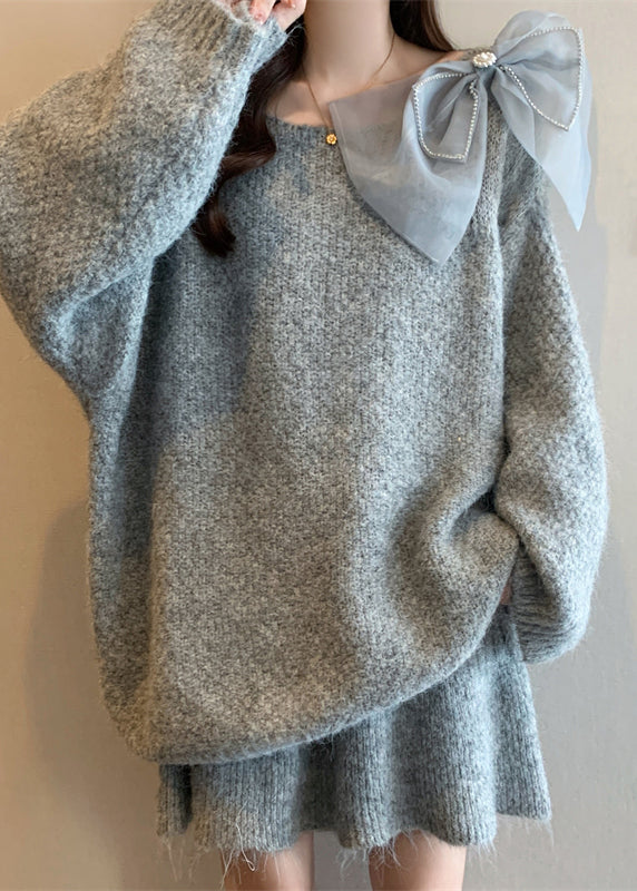 Grey O-neck Cotton Knit Sweaters and Skirts Two Piece Set Winter