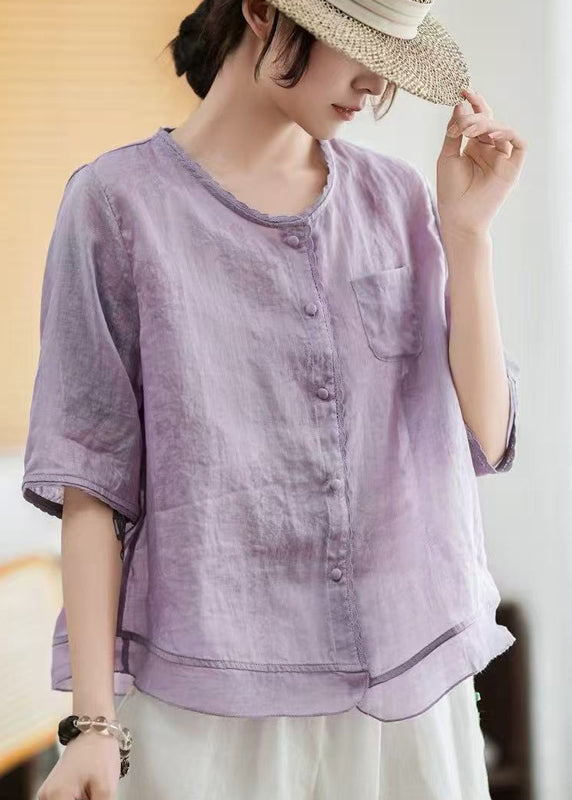 Green Butterfly Print Patchwork Linen Blouse Tops Half Sleeve