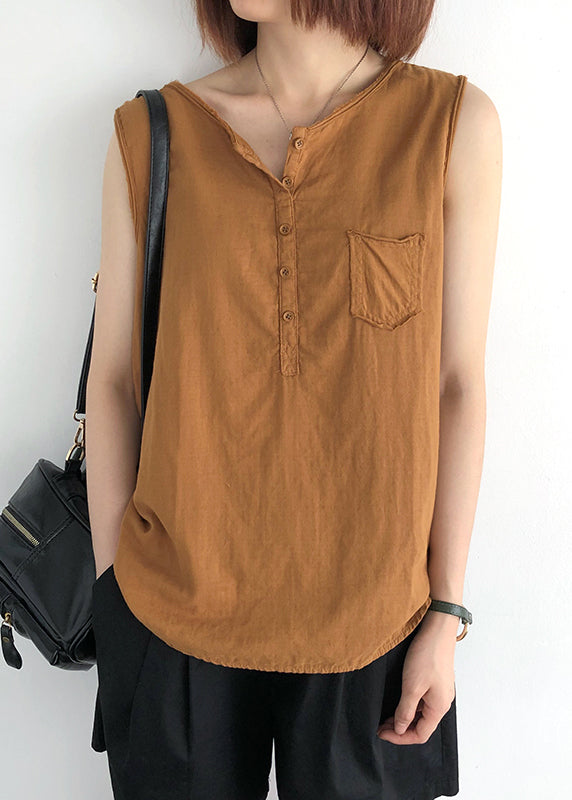 Orange Linen Tops O-neck Pocket Sleeveless