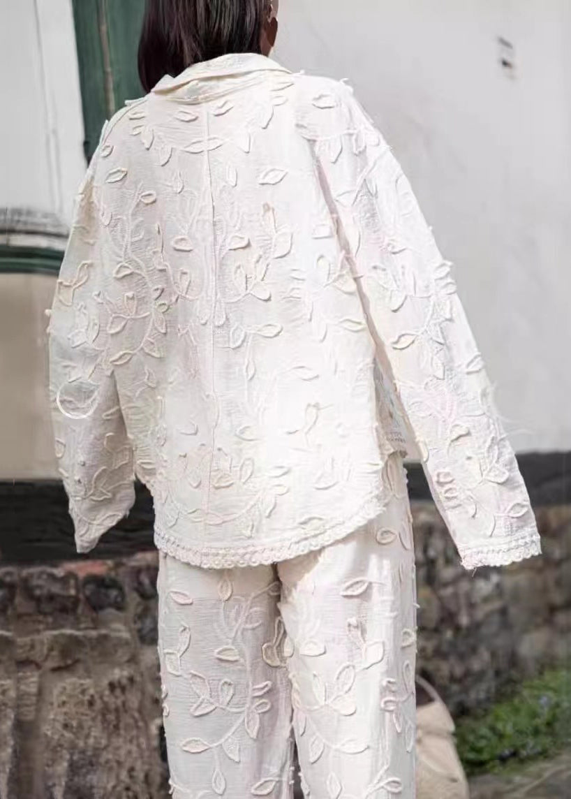 Jacquard White Button Cotton Shirts and Pants Sets 2 Pieces Long Sleeve