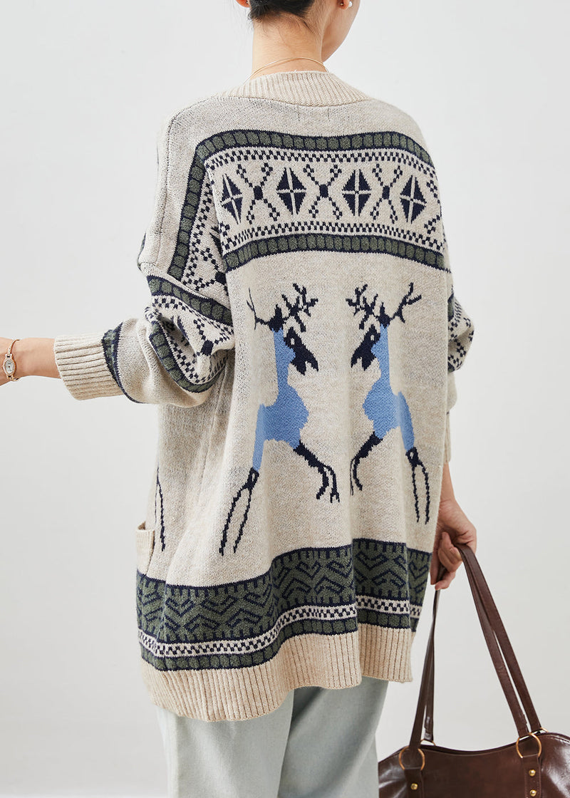 Khaki Oversized Print Knit Cardigans Winter