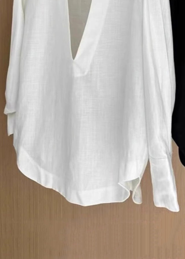 White V Neck Cotton Blouses Fall