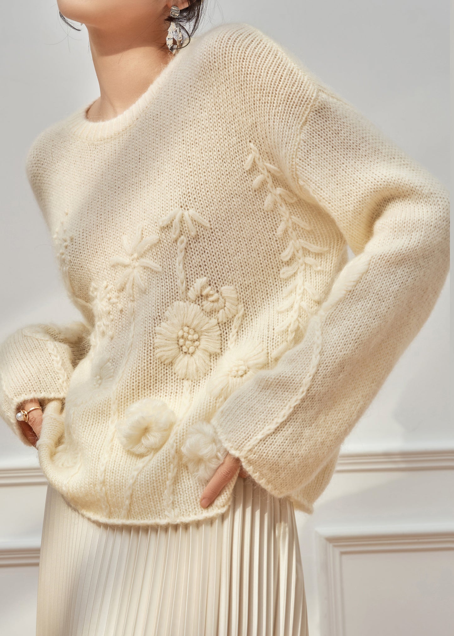Handmade Beige O Neck Cozy Knit Sweater Tops Fall
