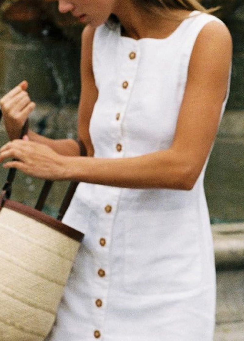 New White Button Cotton Mini Dress Sleeveless