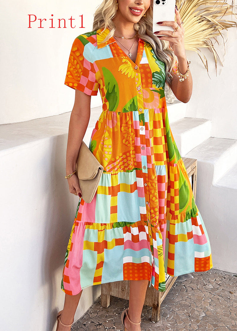 V Neck Print Patchwork Cotton Dresses Summer