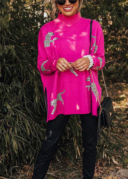 Rose Hign Neck Side Open Knit Sweaters Batwing Sleeve