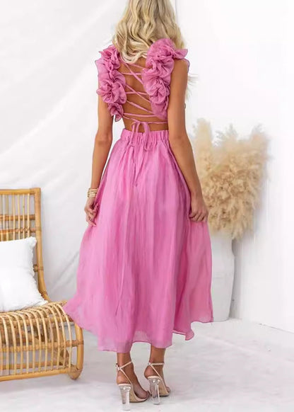 Pink V Neck Lace Up Cotton Long Dress Sleeveless