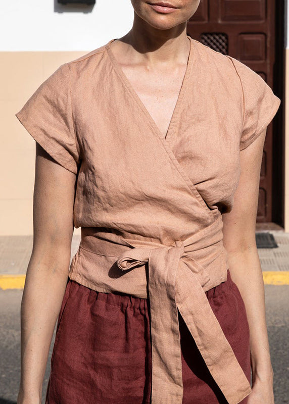 Modern Pink V Neck Lace Up Linen T Shirt Top Summer
