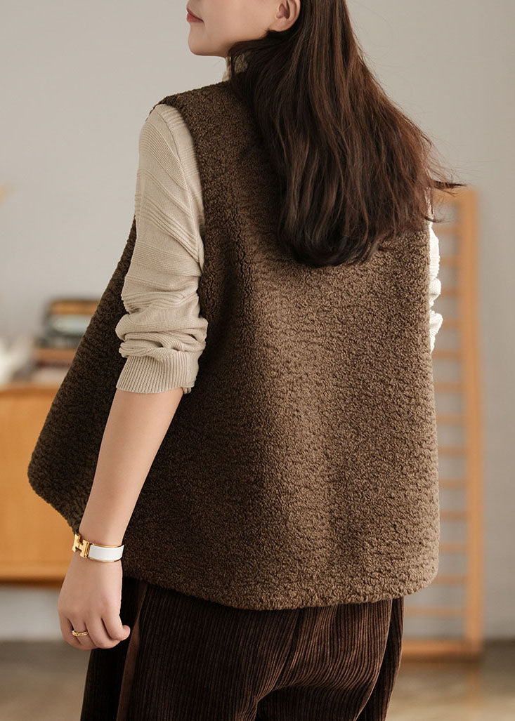 Diy Chocolate Embroidered Asymmetrical Design Faux Fur Vest Sleeveless