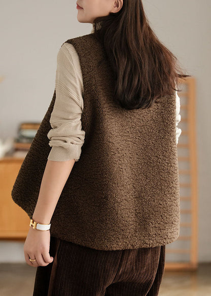 Diy Chocolate Embroidered Asymmetrical Design Faux Fur Vest Sleeveless