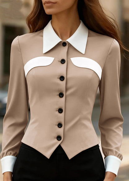 Slim Fit Khaki Peter Pan Collar Patchwork Silk Top Spring