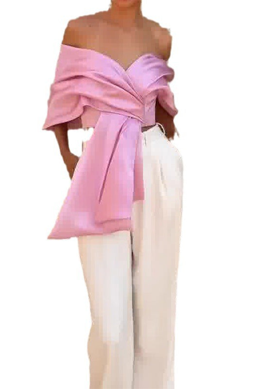Stylish Pink Cold Shoulder Asymmetrical Silk Top Summer