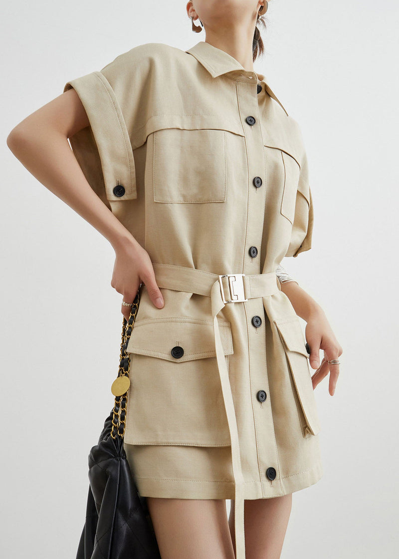 Khaki Workwear Style Pockets T-shirt Dress Summer