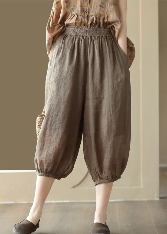 Coffee Elastic Waist Ramie Crop Pants