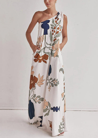 Italian White One Shoulder Print Cotton Vacation Dresses Summer