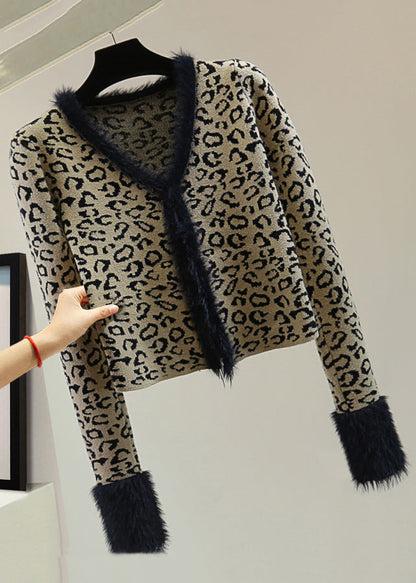 Leopard V Neck Print Patchwork Cotton Knit Sweater Winter