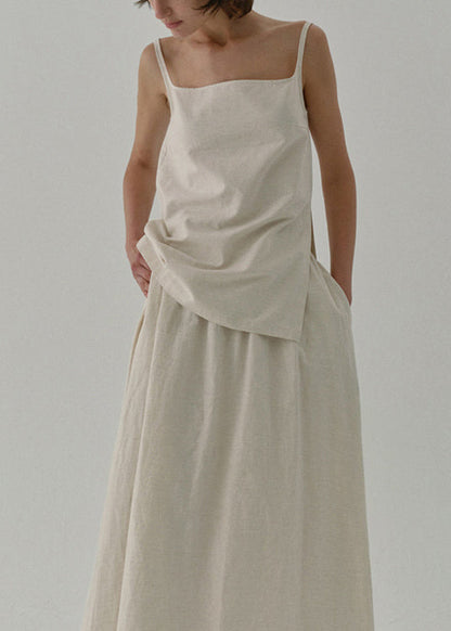 Beige Zip Up Linen Strap Tank Top Sleeveless