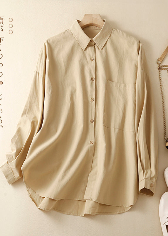 Khaki Oversized With Pocket Cotton Shirts Spring