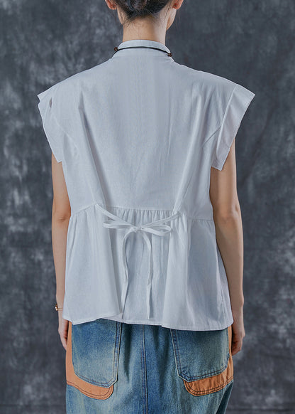 Diy White Stand Collar Patchwork Cotton Tops Sleeveless