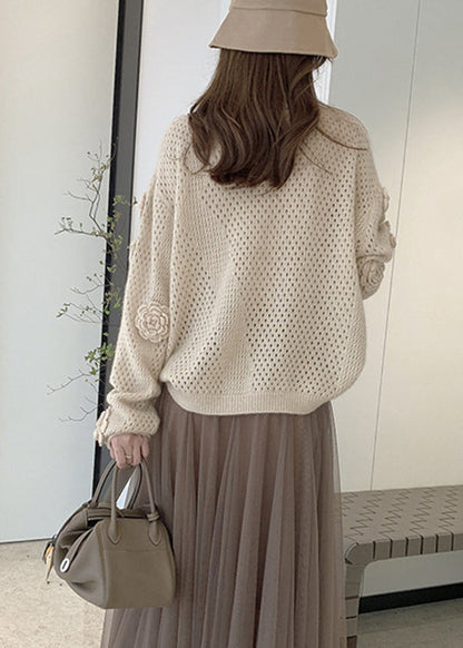 French Apricot O Neck Hollow Out Knit Sweaters Fall